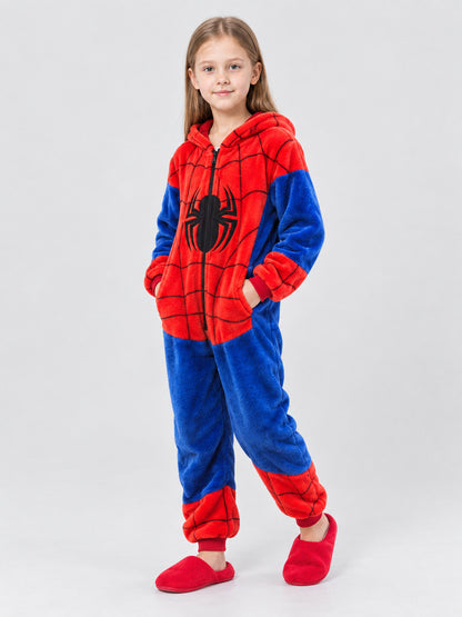 Kids Hooded Pajama Jumpsuit in Red and Blue