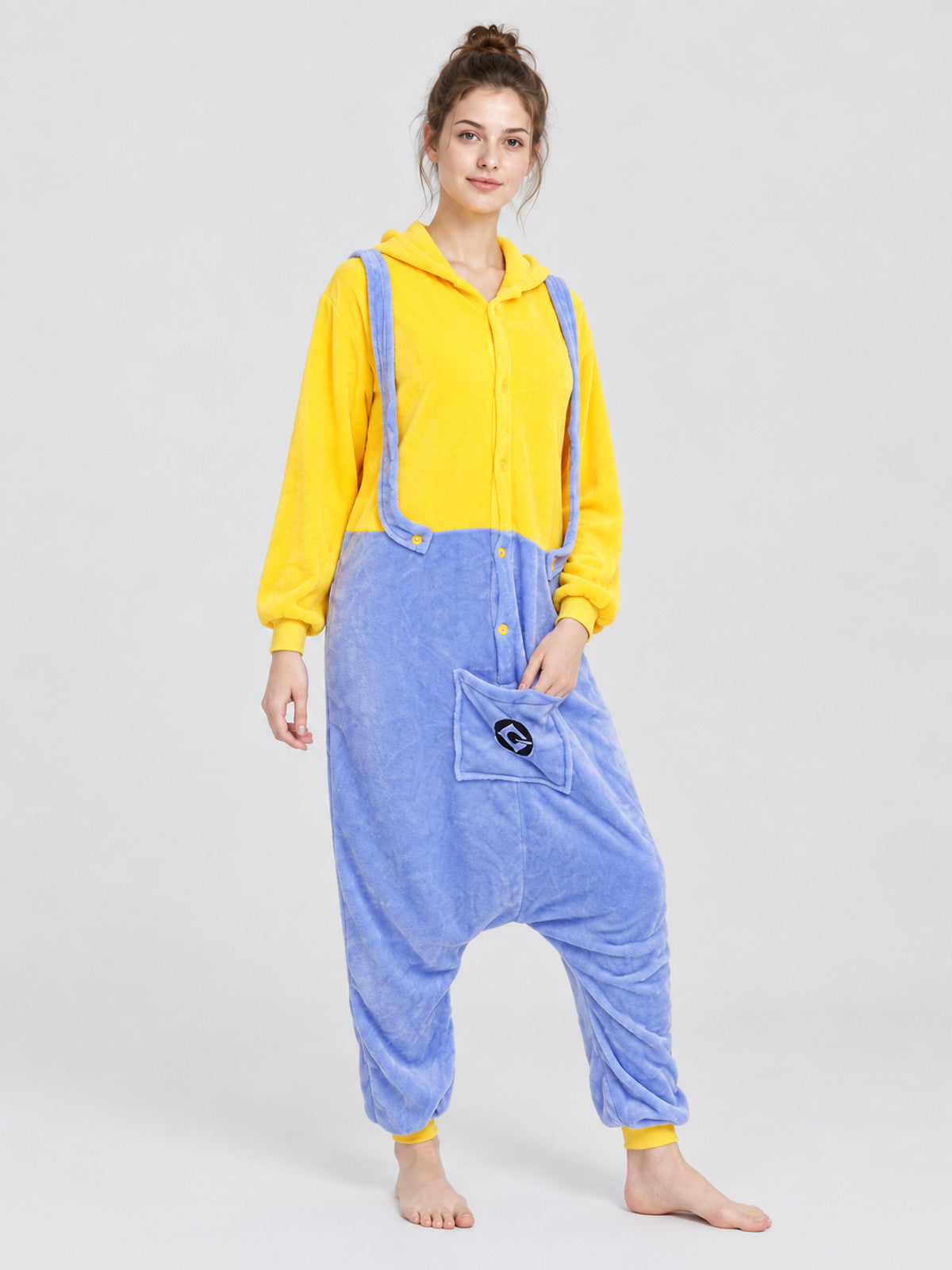 Yellow and Blue Flannel Hooded Pajama Jumpsuit