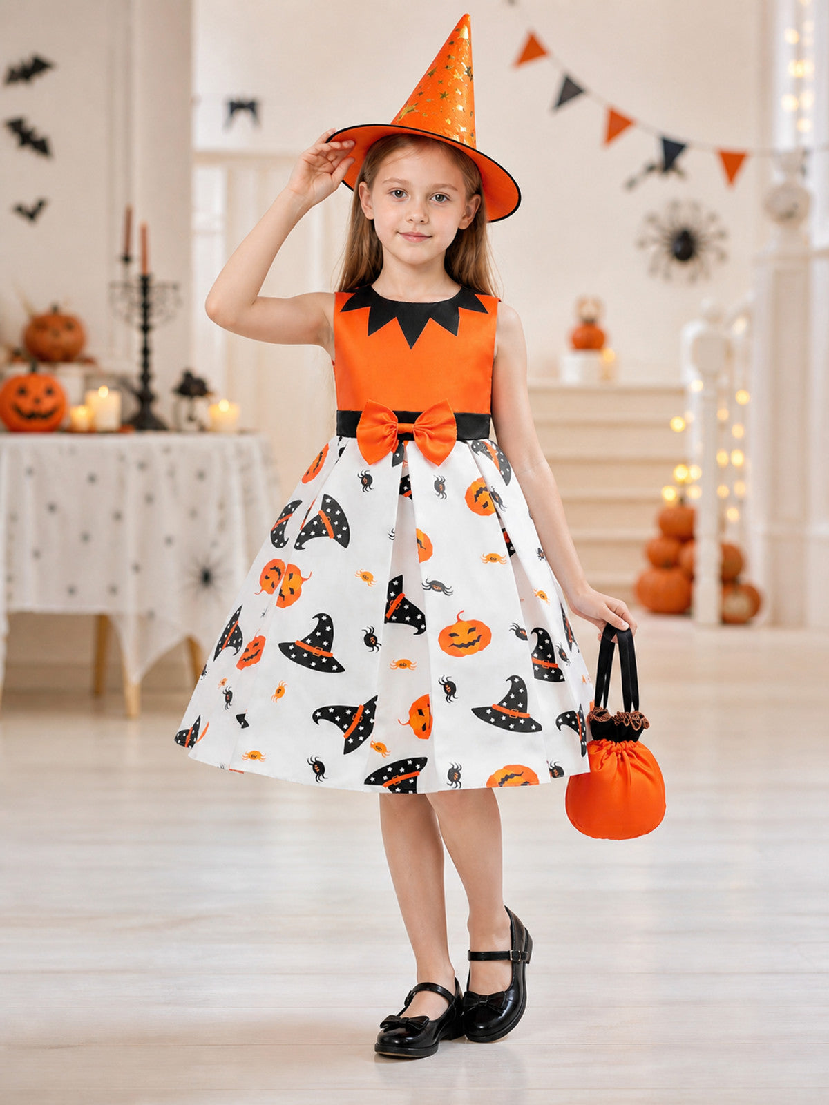 Children's Halloween Costume Dress with Bow and Hat lifestyle view