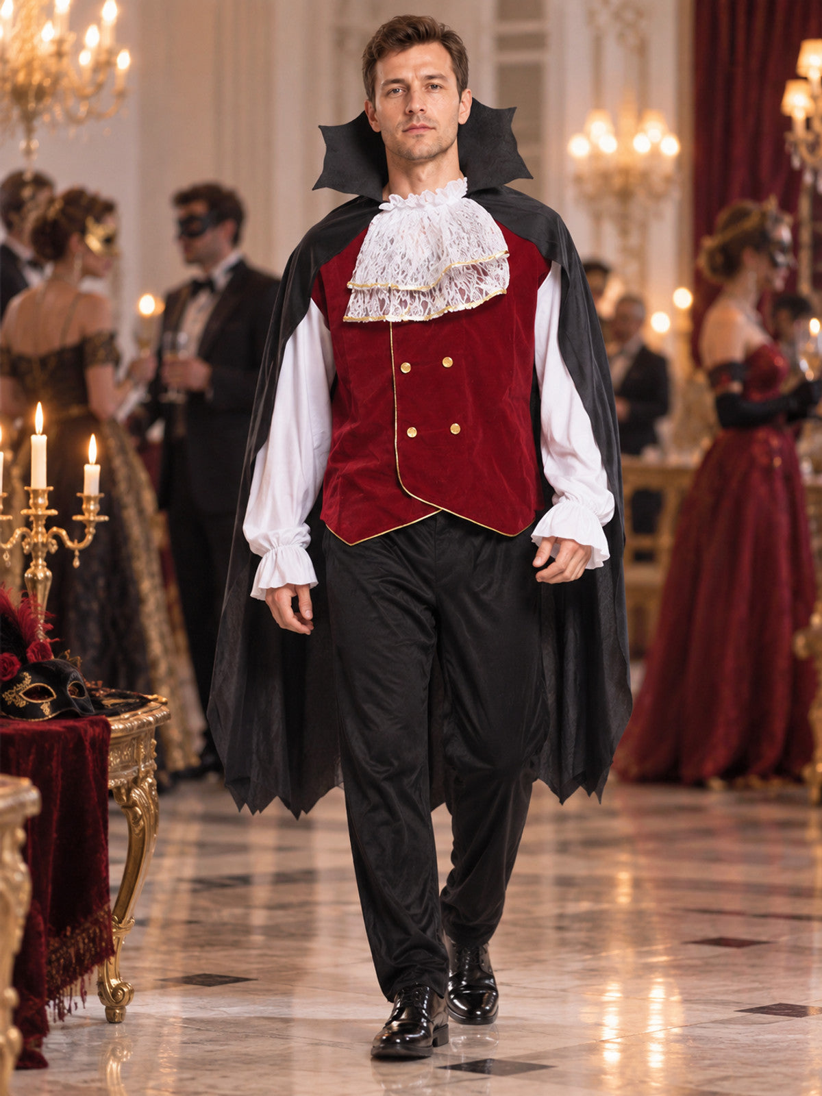 Costume with Burgundy Vest, Pants, and Cape lifestyle view