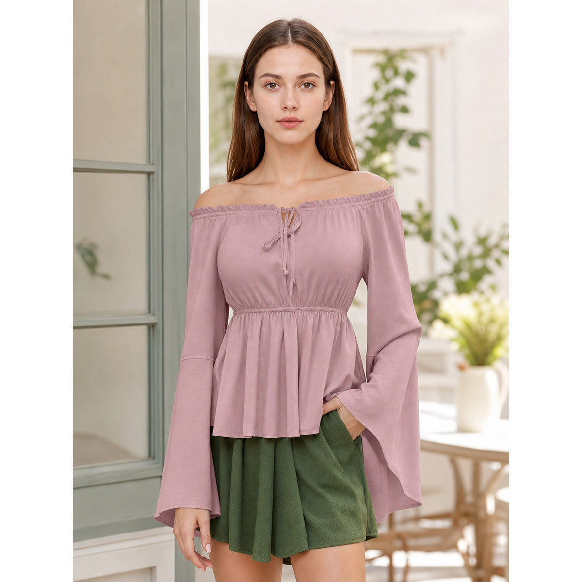 Off-the-Shoulder Blouse with Long Sleeves