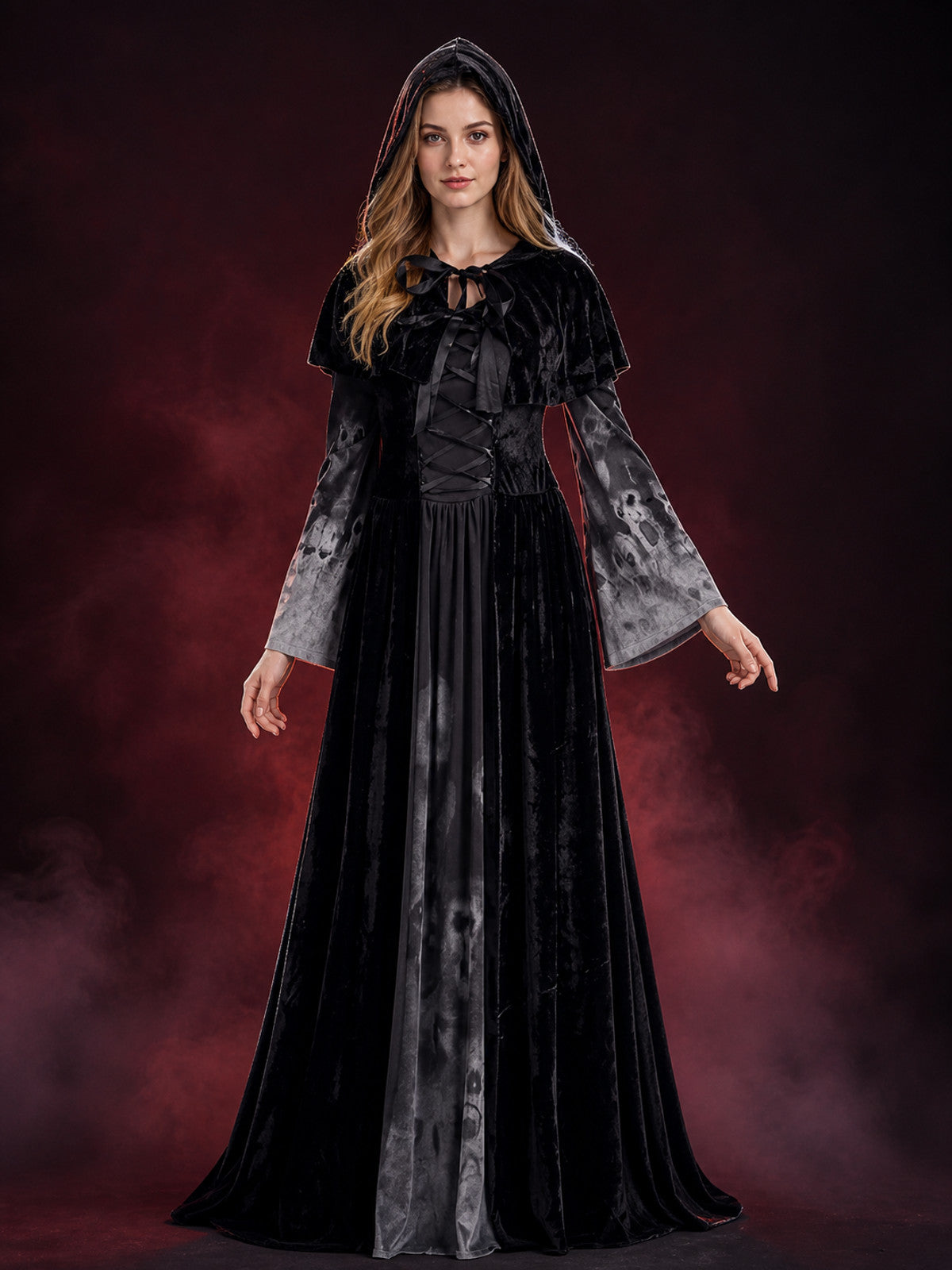 Women's Witch Costume Dress with Hooded Cape and Skull Print Bell Sleeves main product view