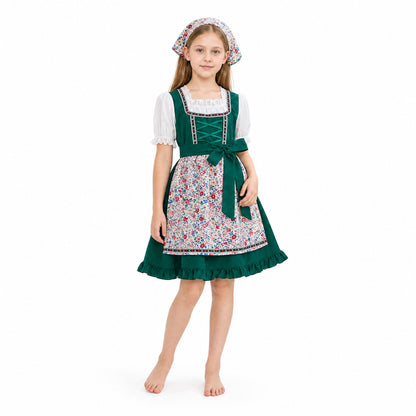 Green Girls’ Dirndl-Style Dress with Apron and Headscarf