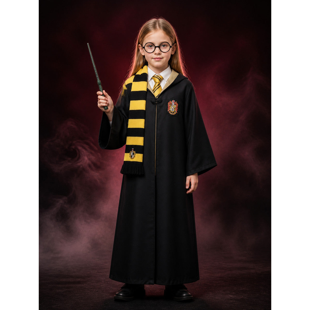 Wizard Costume Set, Black And Yellow Robe With Scarf, Tie, Wand And Glasses main product view