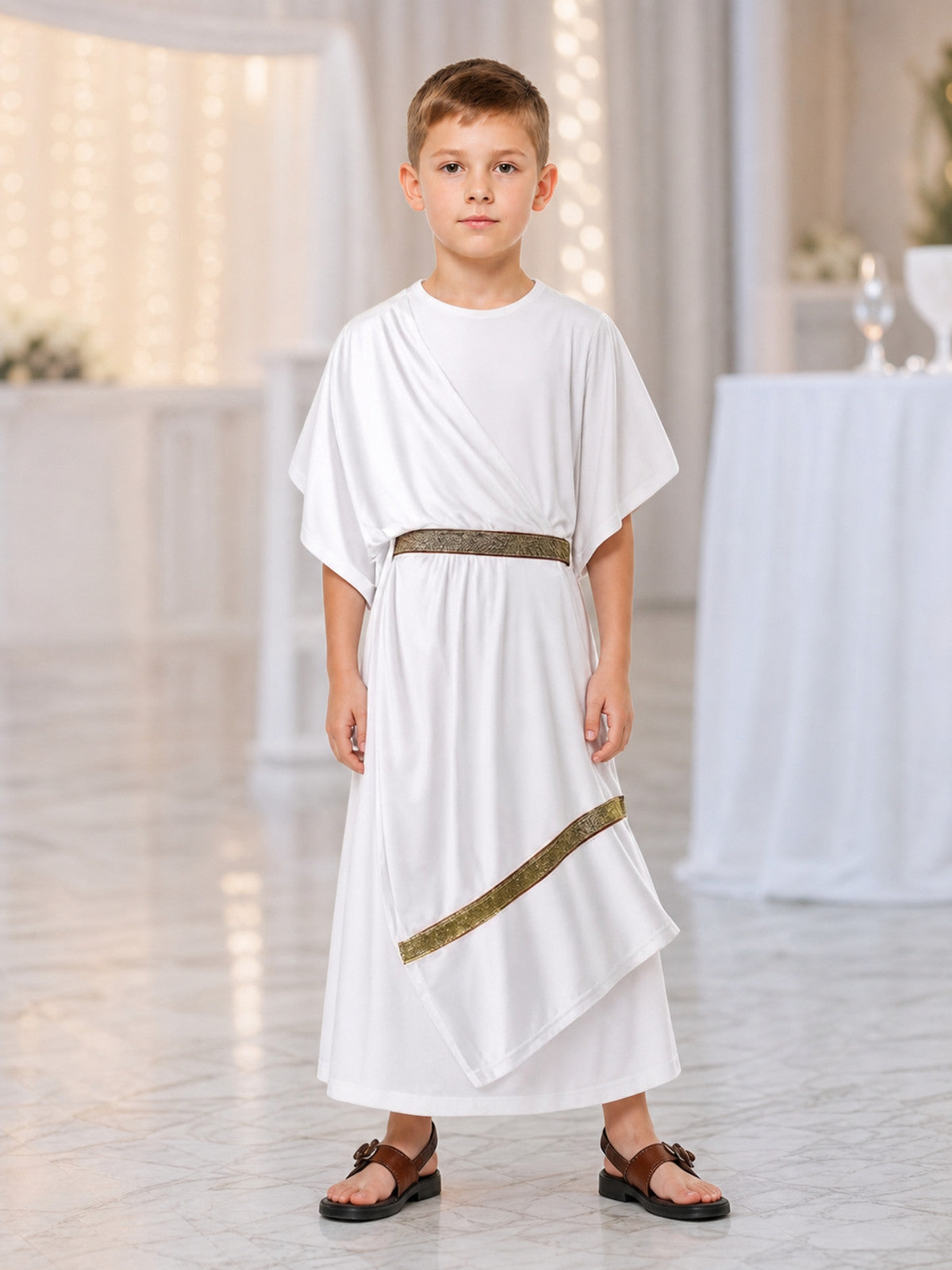 White draped costume tunic with a gold-patterned belt and diagonal trim, shown full-body on a child wearing brown sandals indoors