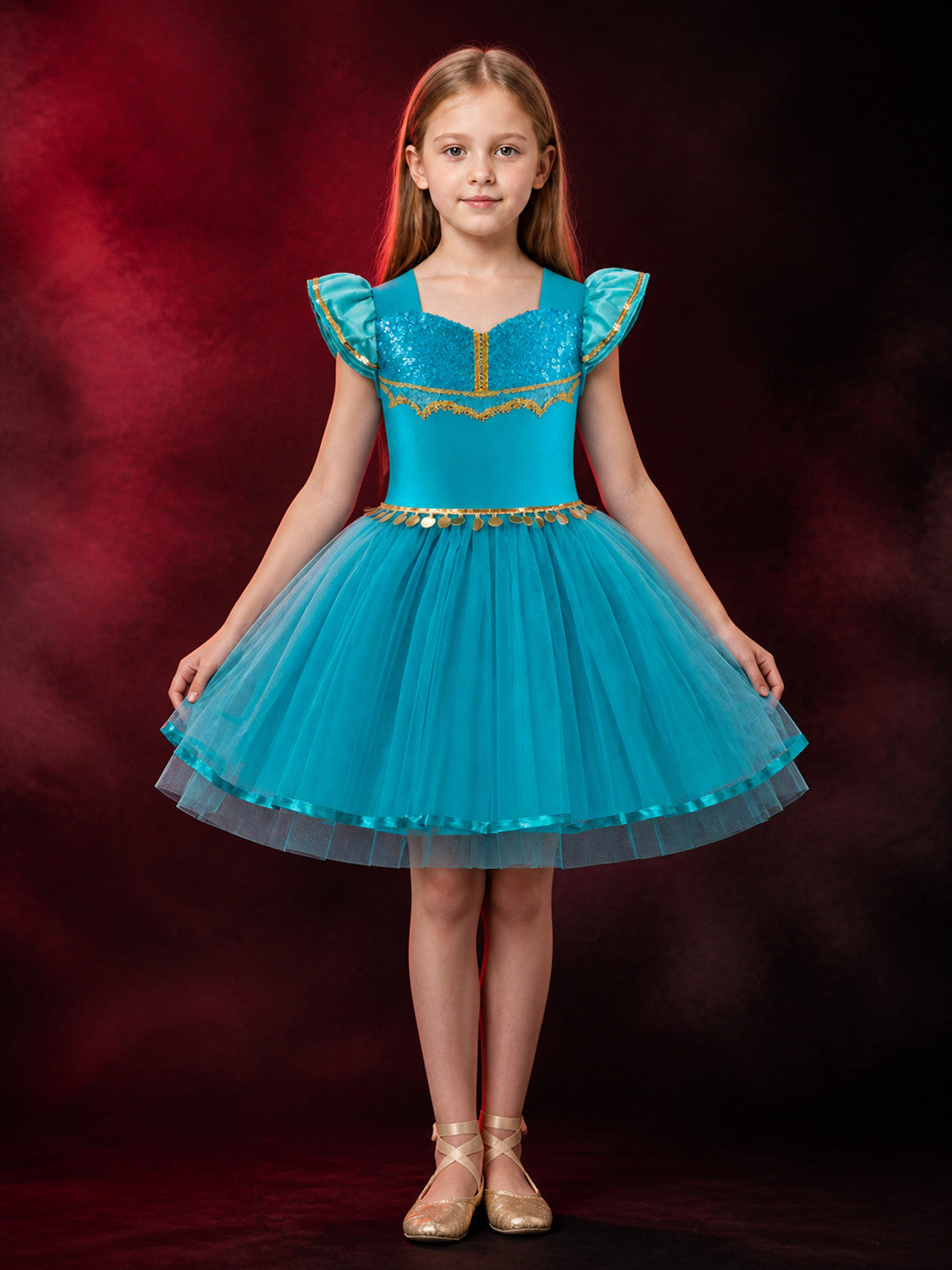 Girls' Blue Princess Dress Costume, Sequined Bodice, Tulle Skirt, Gold Waist main product view
