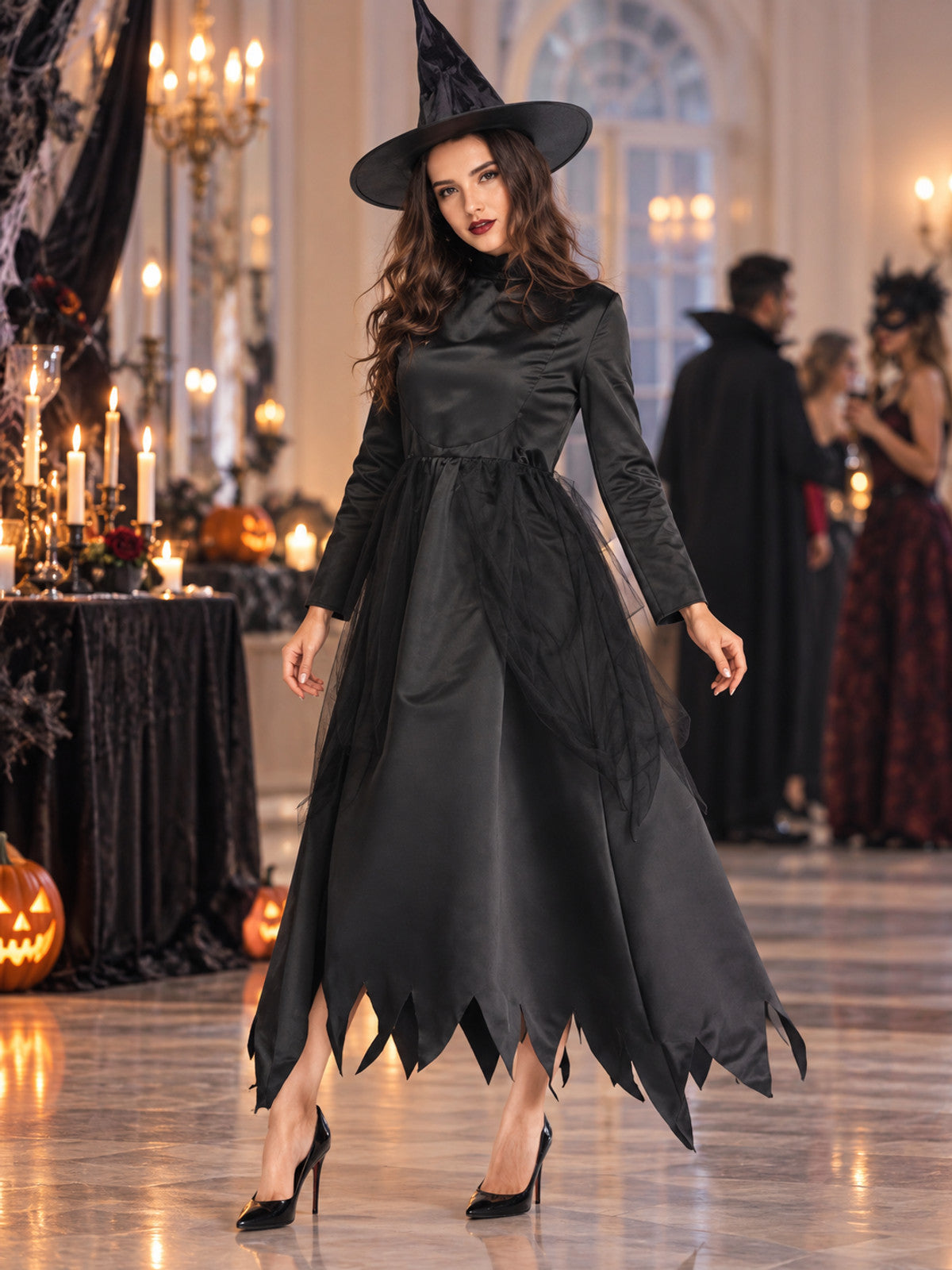 Witch Costume: Black Dress with Ripped Hem and Hat
