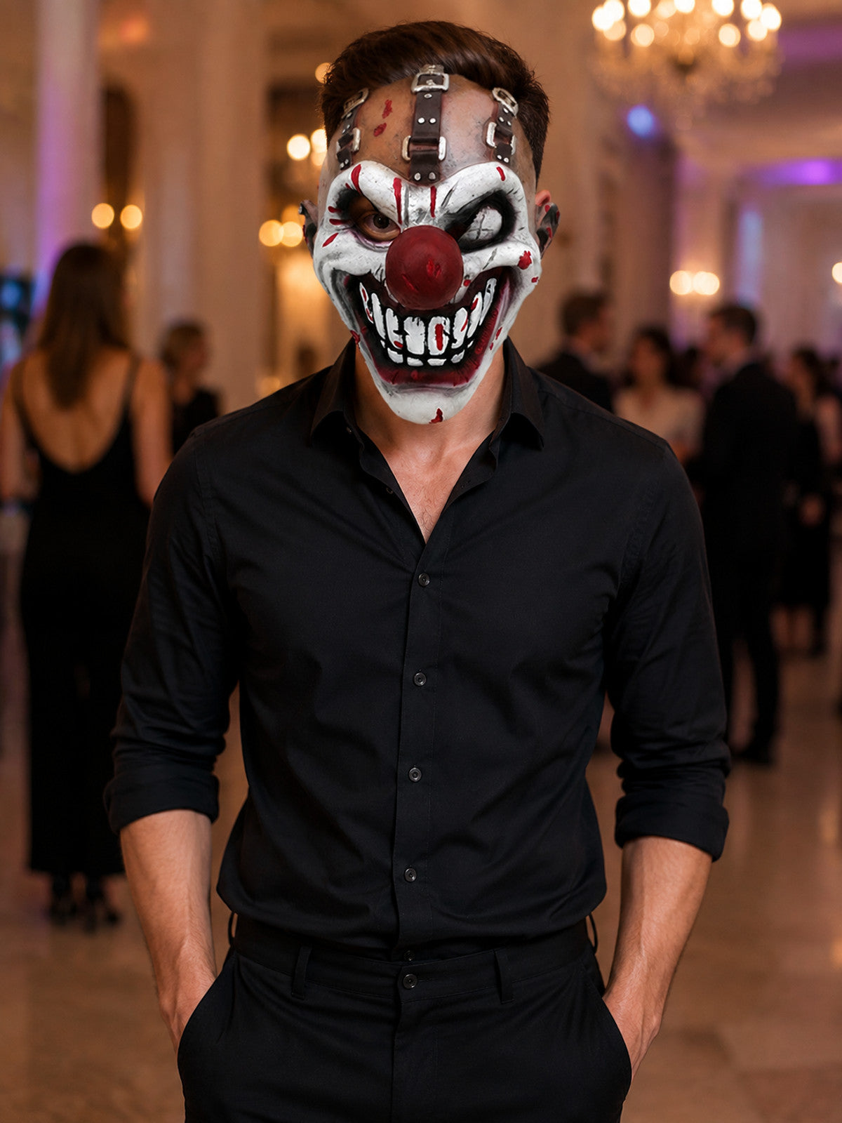 Full-face clown mask for cosplay with straps lifestyle view