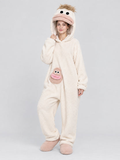 White Coral Fleece Hooded Pajama Jumpsuit