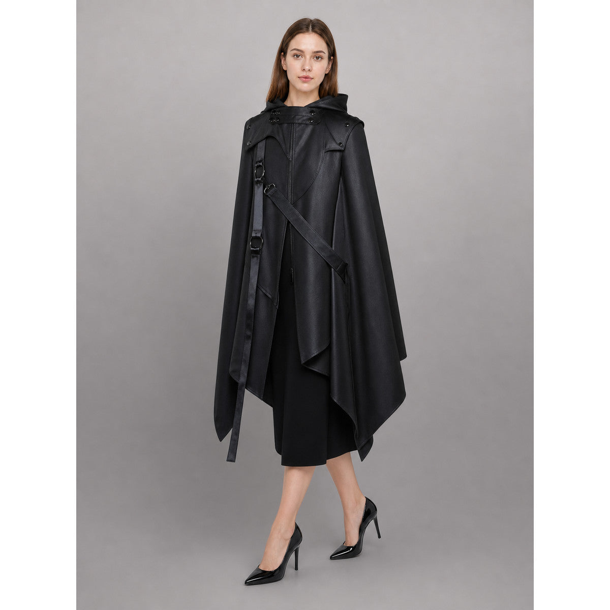Black asymmetrical carnival cloak with hood lifestyle