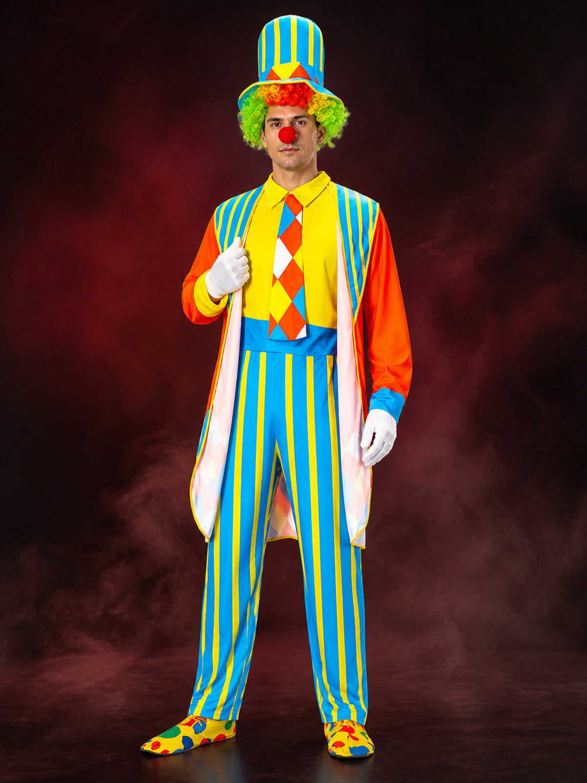 Unisex Adult Clown Jumpsuit Costume with Hat and Robe, Circus Halloween Outfit main product view