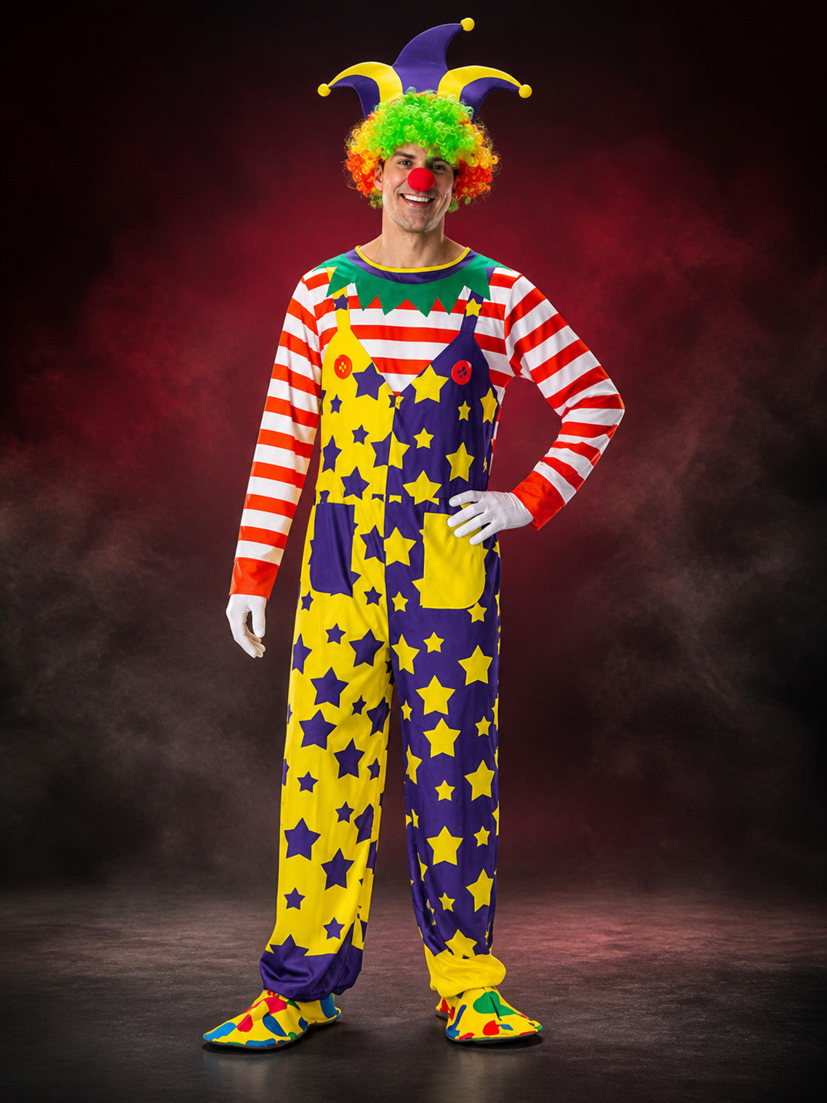 Unisex Adult Clown Jumpsuit Costume Set with Star Print, Striped Sleeves, and