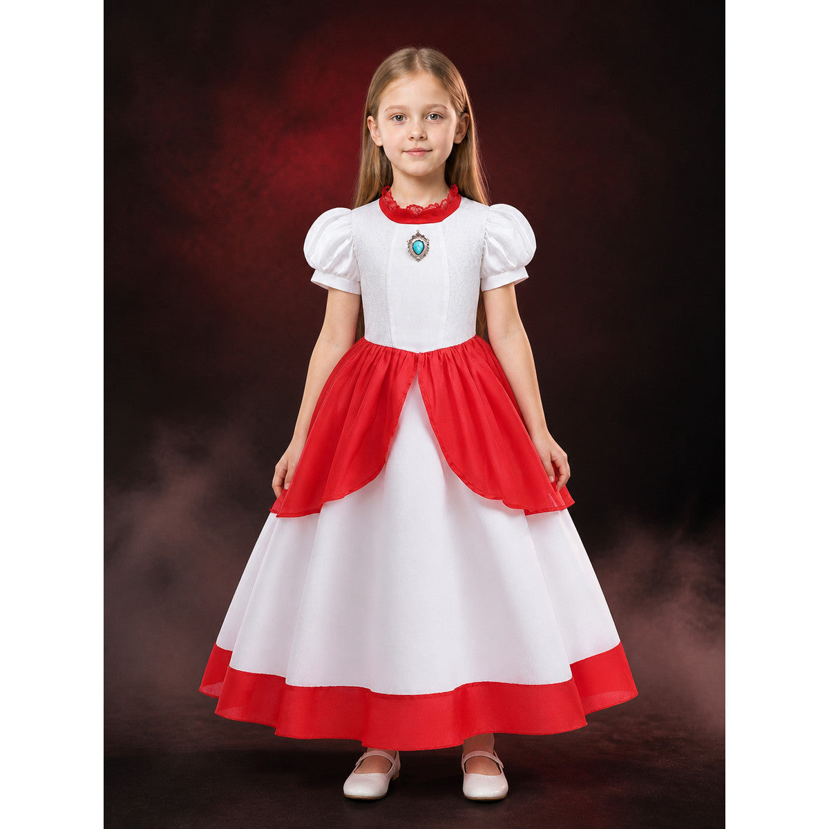 Girls Princess Costume Dress, White and Red Puff Sleeve Dress with Lace Collar main product view