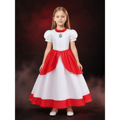 Girls Princess Costume Dress, White and Red Puff Sleeve Dress with Lace Collar main product view