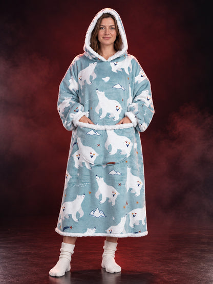 Flannel Hooded Blanket with White Bear Print