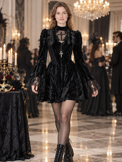 Gothic Black Mini Dress with Long Sleeves and Cross
