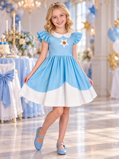 Blue carnival dress with white trim and ruffles