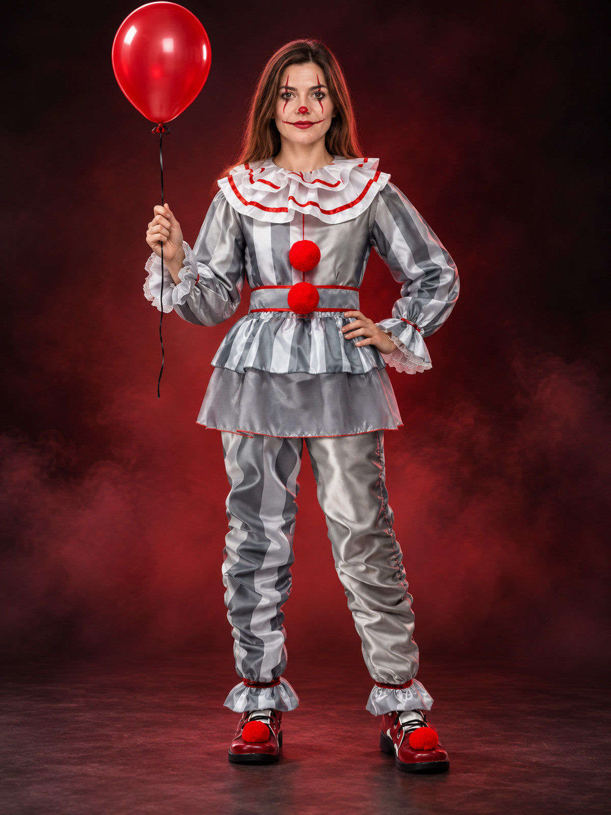 Striped Clown Costume with Peplum, Ruffles, and Pom-Poms