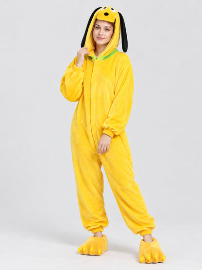 Yellow Flannel Hooded Pajama Jumpsuit with Character Face