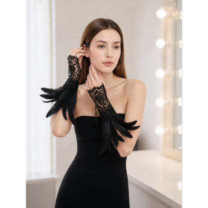 Black Lace Carnival Gloves with Feathers, Pair