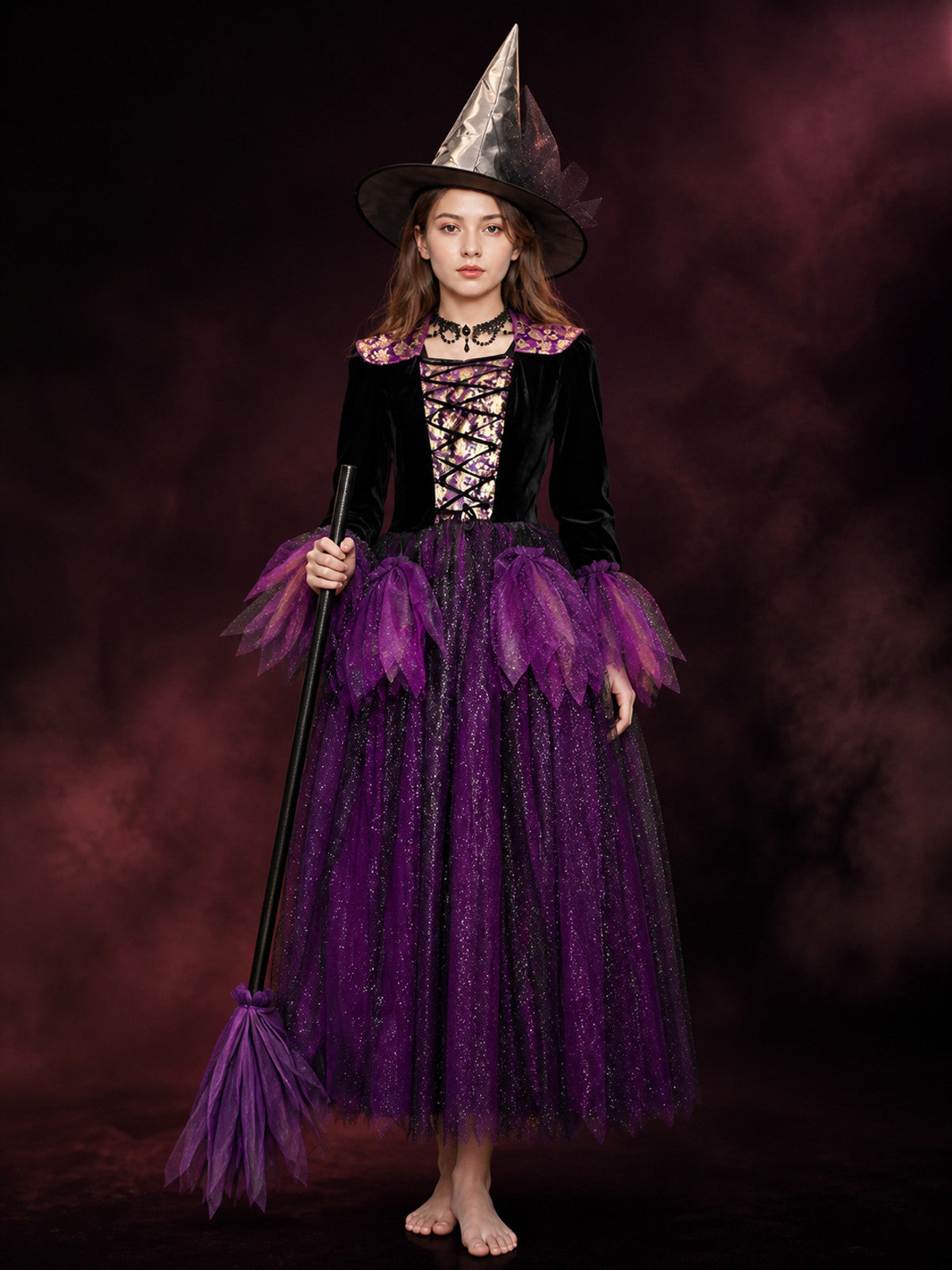 Adult and Kids Witch Costume Dress With Sparkling Purple-Black Fluffy Skirt main product view