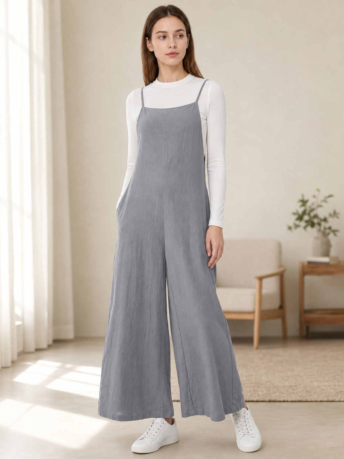 Gray Wide-Leg Cotton-Linen Bib Overalls with Straps