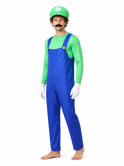 Green Luigi Cosplay Costume with Mustache and Hat Costume Headwear detail