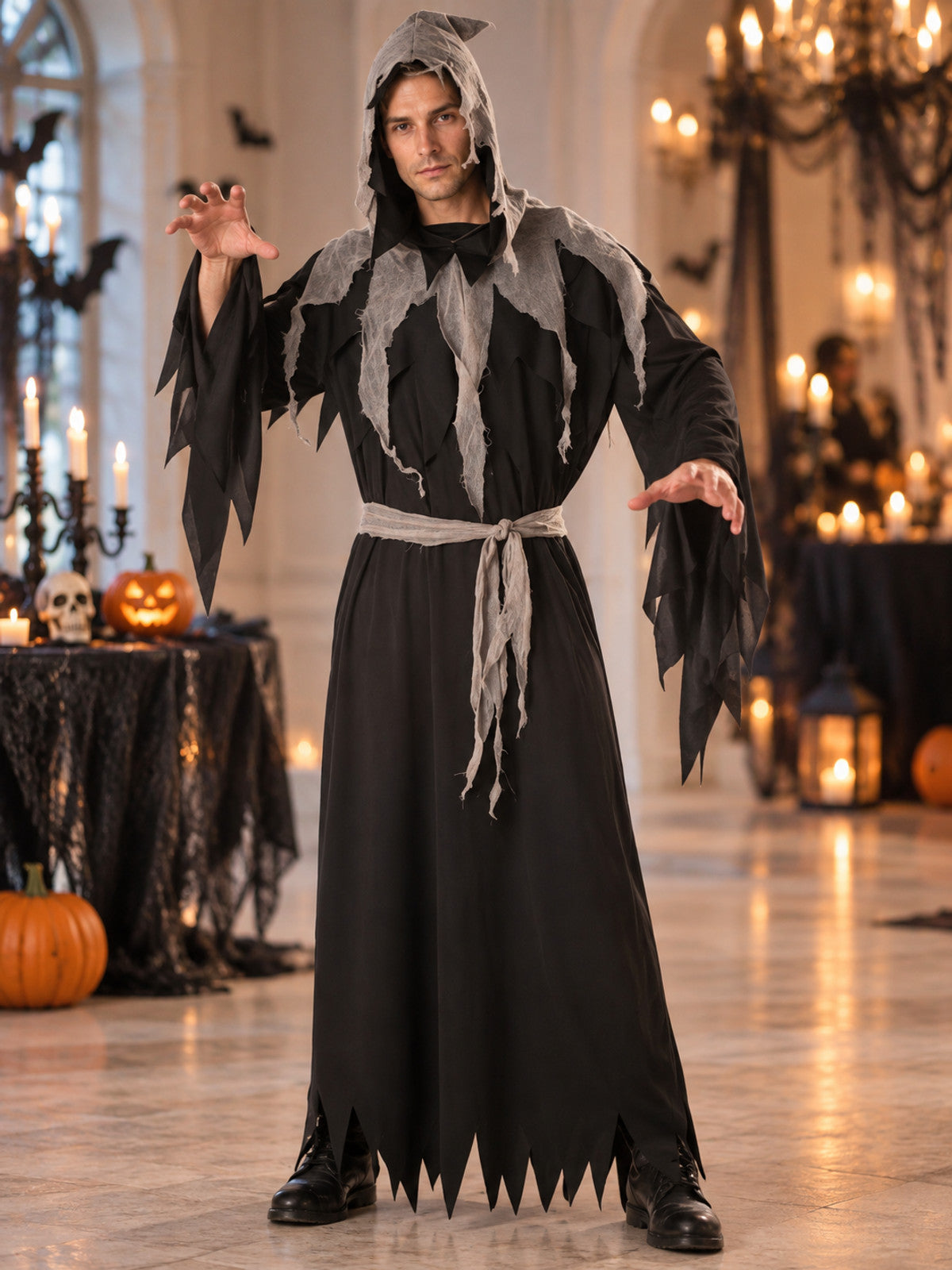Black and Gray Vampire Costume with Hood and Belt