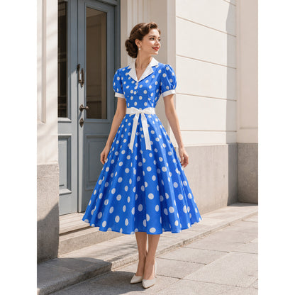 Polka-Dot Dress with a Turn-Down Collar and Bow Costume Dresses detail