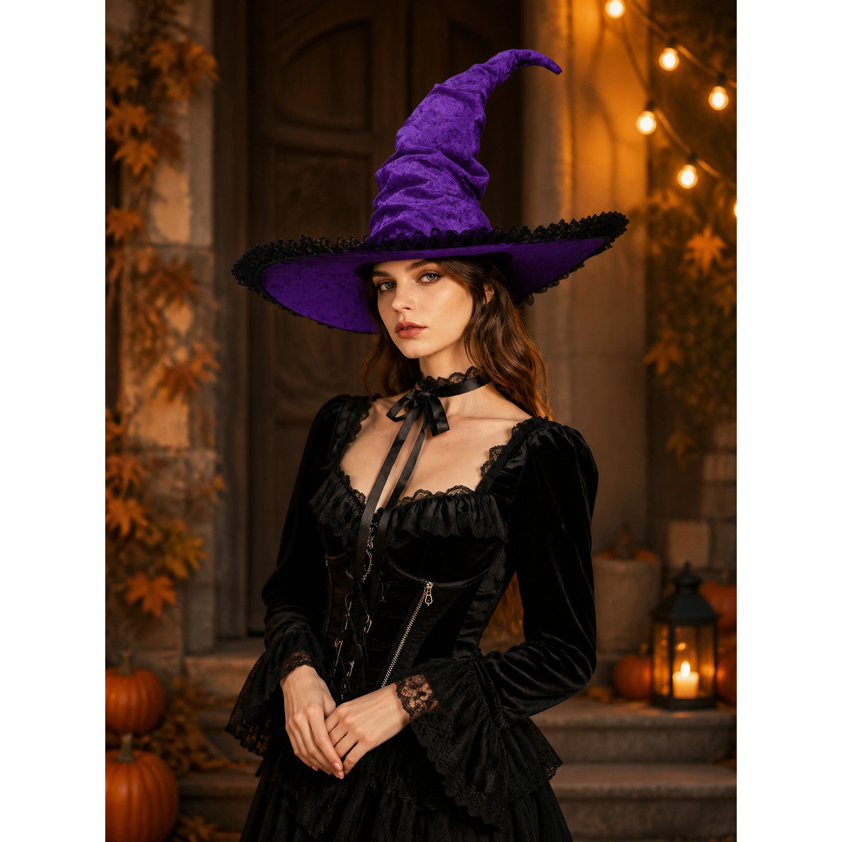 Purple and black pointed witch hat with a wide brim and curled top, worn by a model in a black dress outdoors