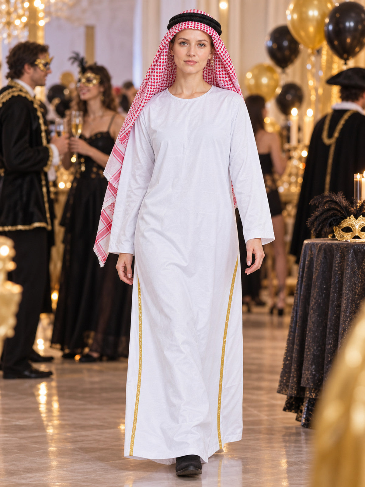 Costume with a red-and-white scarf and gold trim