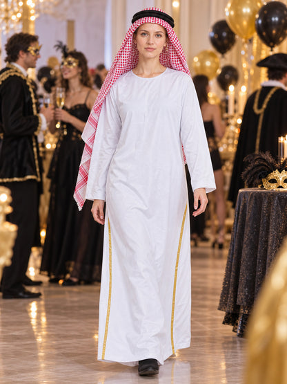 Costume with a red-and-white scarf and gold trim