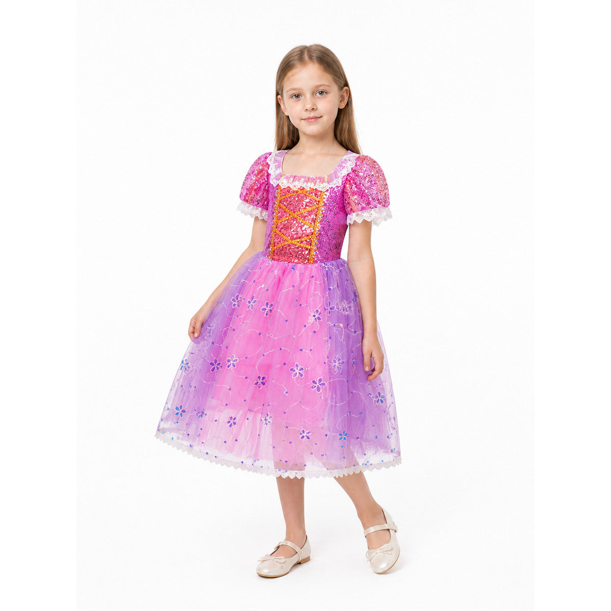 Girls’ Dress with Sequins, a Full Skirt, and Flowers product detail