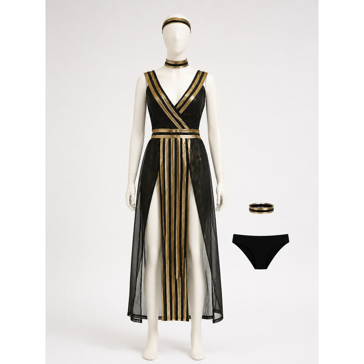 Egyptian Queen Black and Gold Halloween Dress Costume Set with Headpiece, Collar main product view