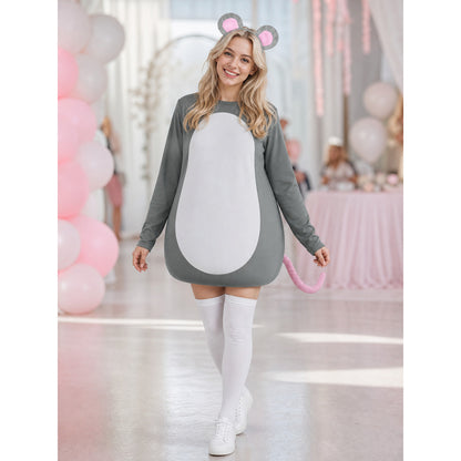 Gray mouse costume dress with white belly and pink tail modeled at a decorated indoor party venue
