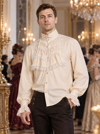 Light beige shirt with a high collar, jabot and ruffles