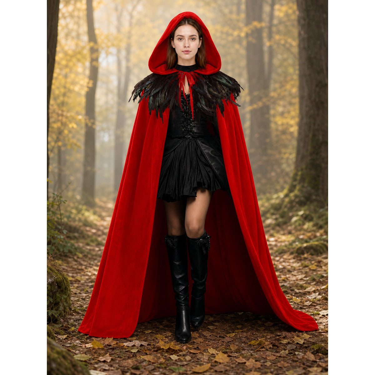 Full-body model wearing a red hooded cape with black feather trim in a wooded outdoor setting