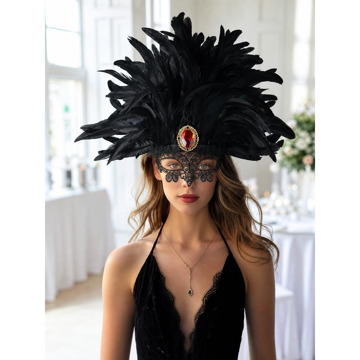 Carnival headpiece with black feathers lifestyle view