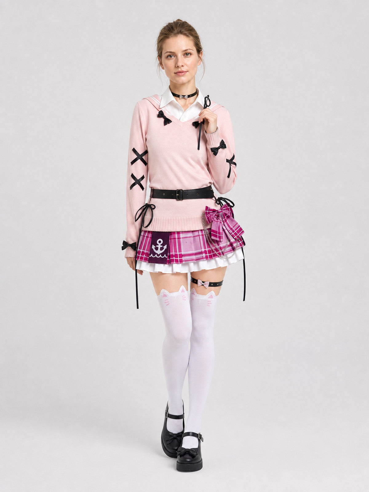 Aqua Cosplay: Pink Top, Plaid Skirt, Bows, Knee-High Socks