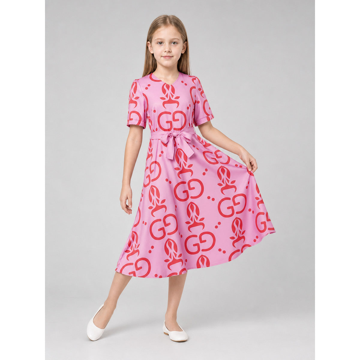 Cosplay dress with print and belt, short sleeves lifestyle