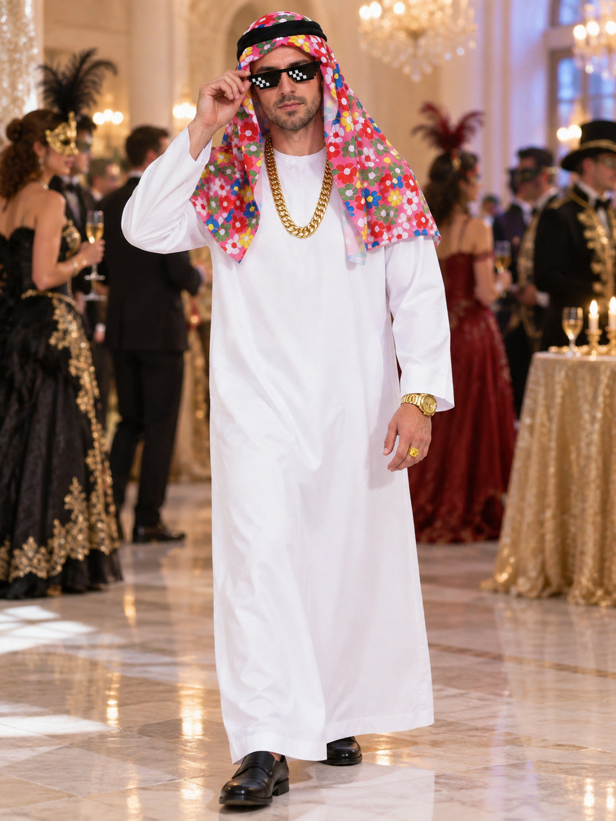 Carnival Costume with Head Scarf and Gold-Tone Accessories