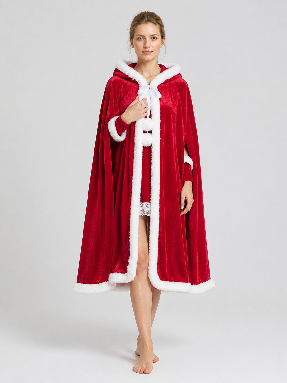 Red Hooded Cape with White Trim Costume Capes detail