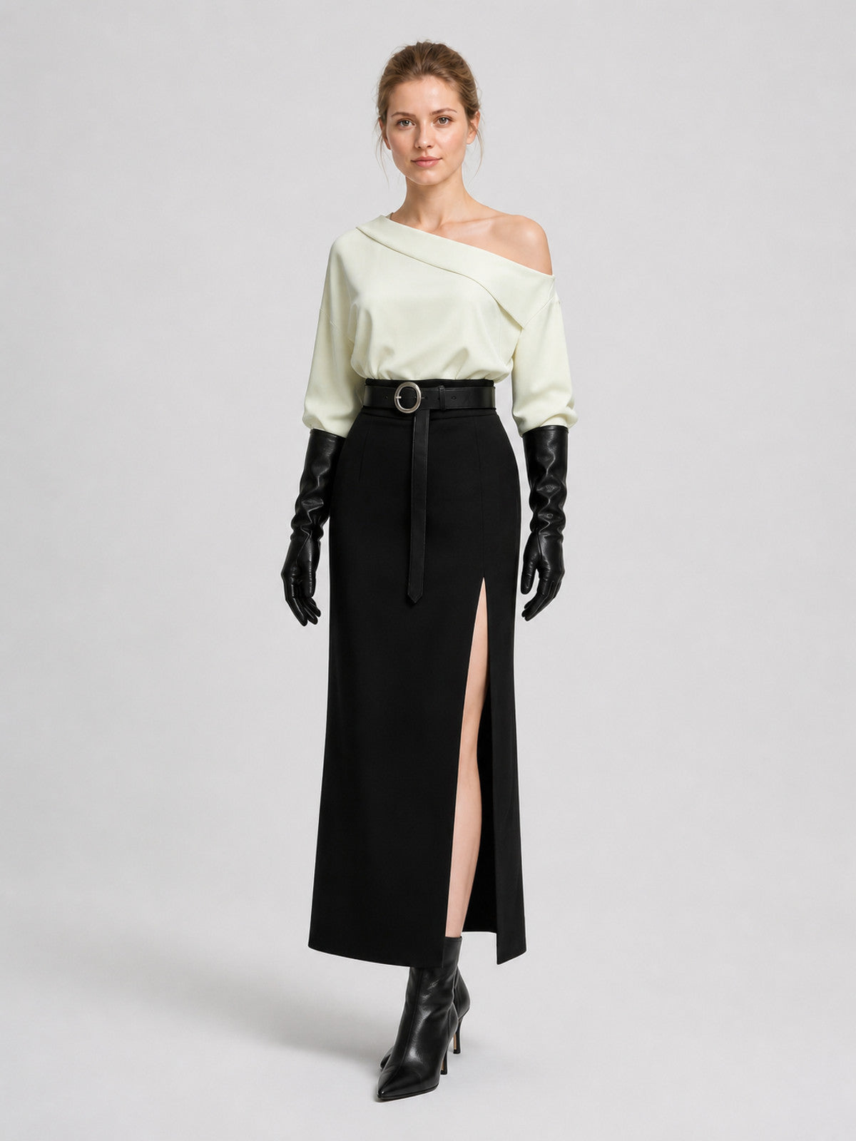 Grace RE9 Cosplay: White Blouse and Black Slit Skirt Costumes detail