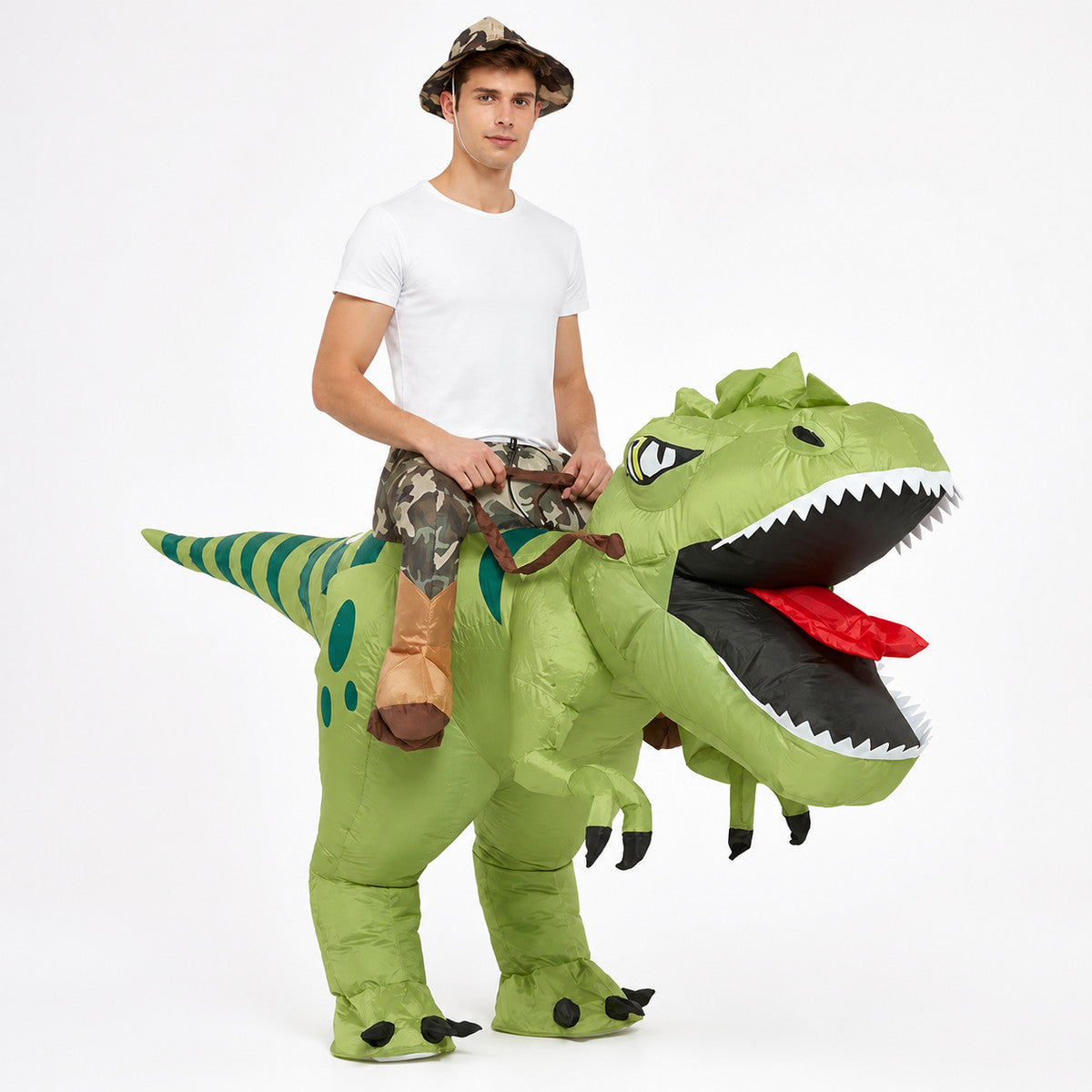 Inflatable Dinosaur Costume with Open Mouth on-model front view