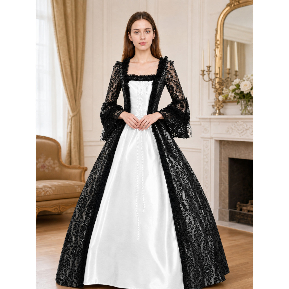 Gothic Vintage Floor-Length Dress with Sleeves lifestyle view