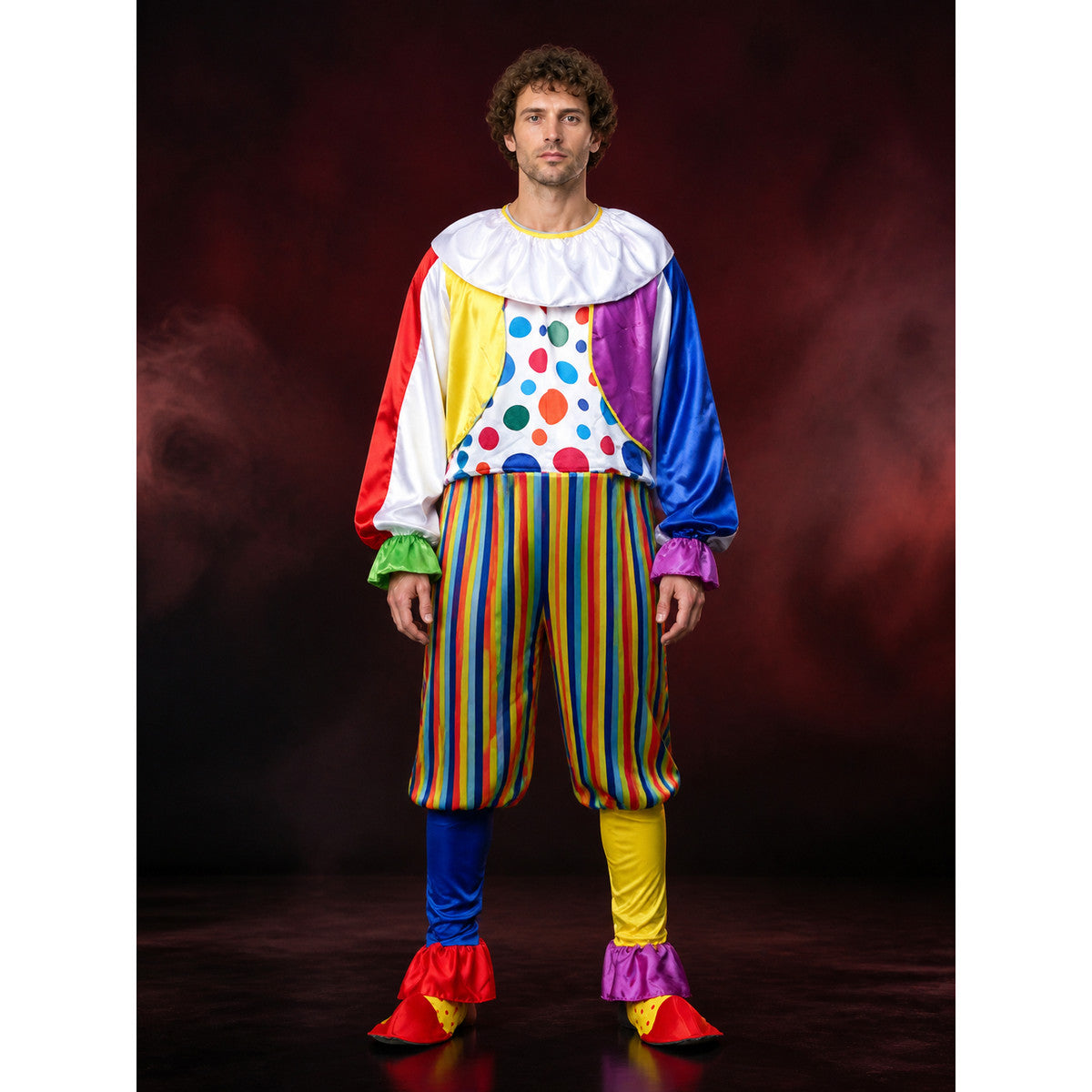 Adult Clown Costume Set - Multicolor Polka Dot Jumpsuit with Striped Pants and main product view