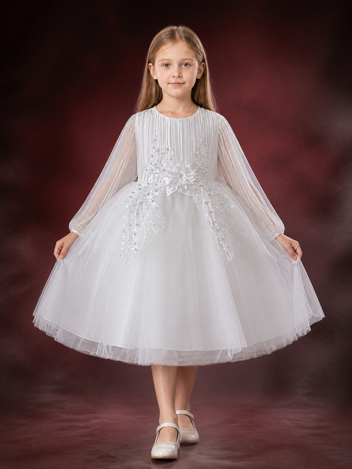Girls' White Princess Dress, Long Sleeve Tulle Flower Girl Party Outfit main product view
