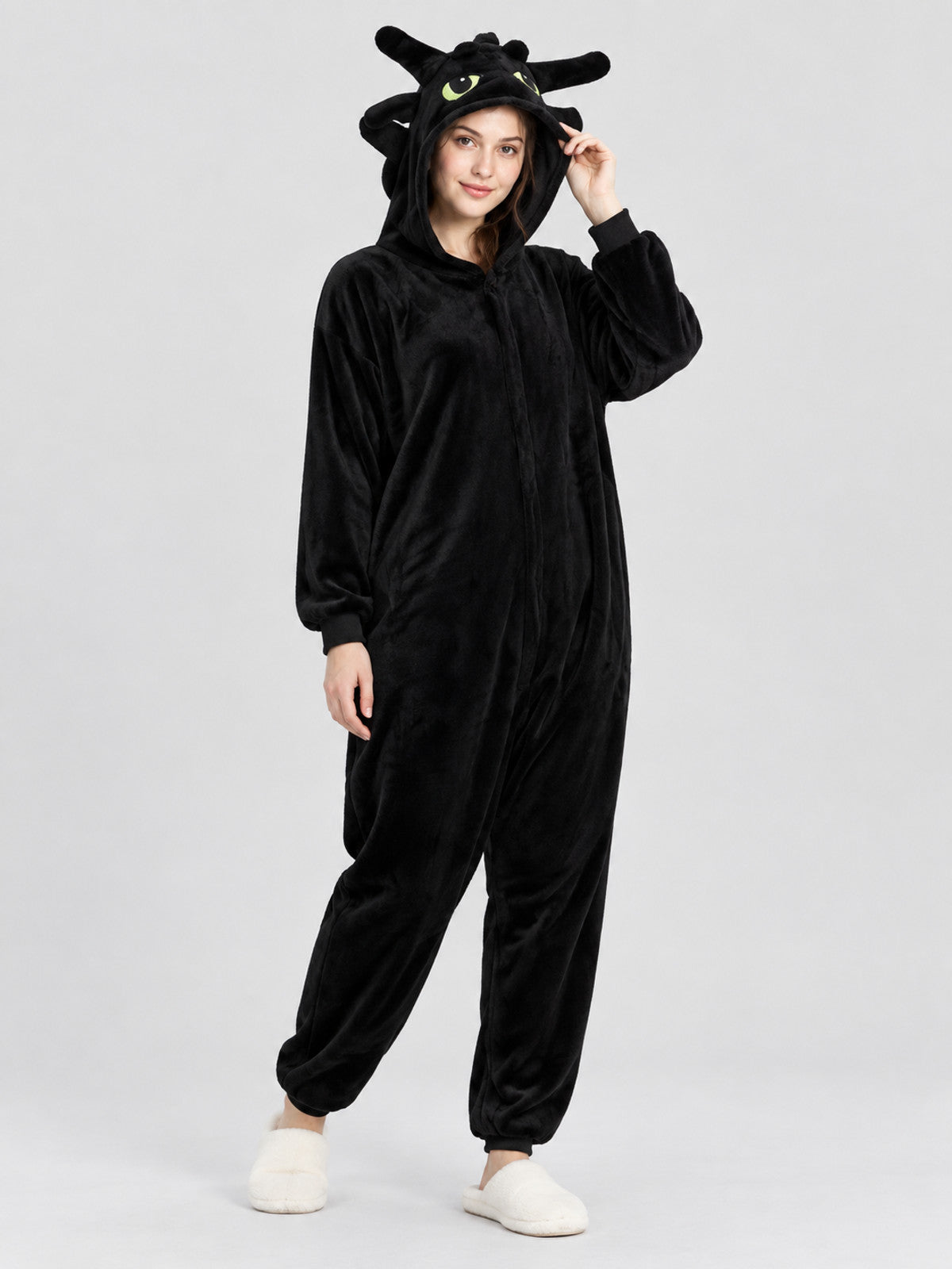 Black and white pajama jumpsuit with a hood and ears