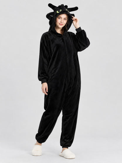 Black and white pajama jumpsuit with a hood and ears