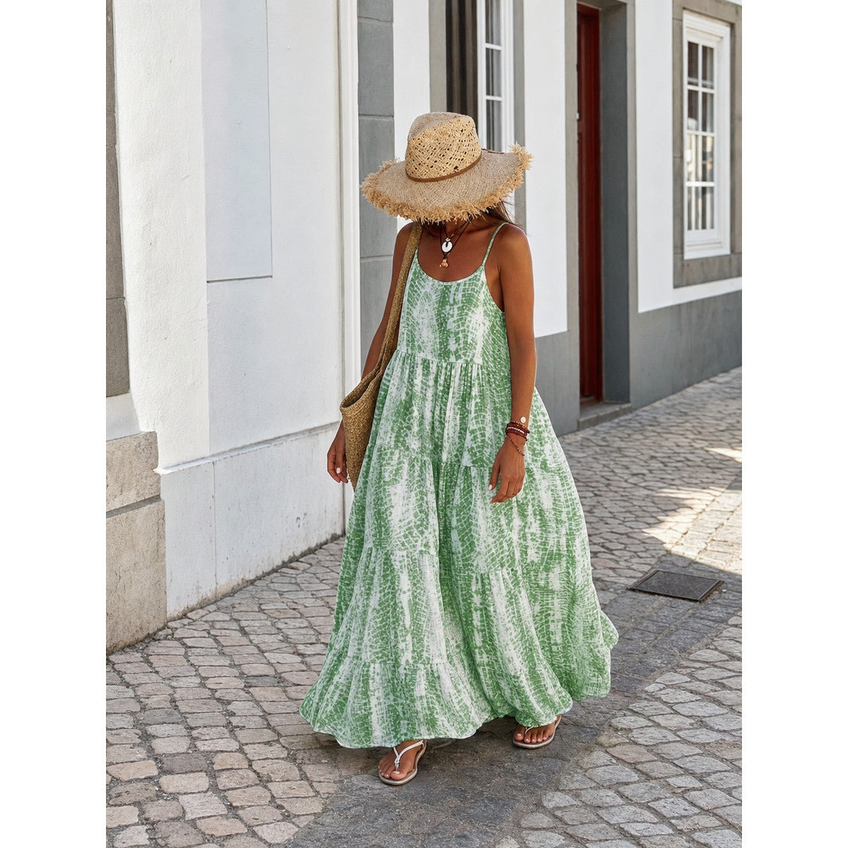 Women's Long Green-and-White Dress with Thin Straps